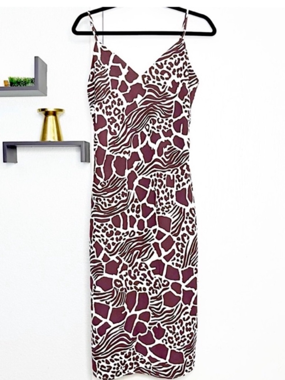 Adam Lippes Collective Brown White Animal Print Spaghetti Strap Midi Dress Sz 6